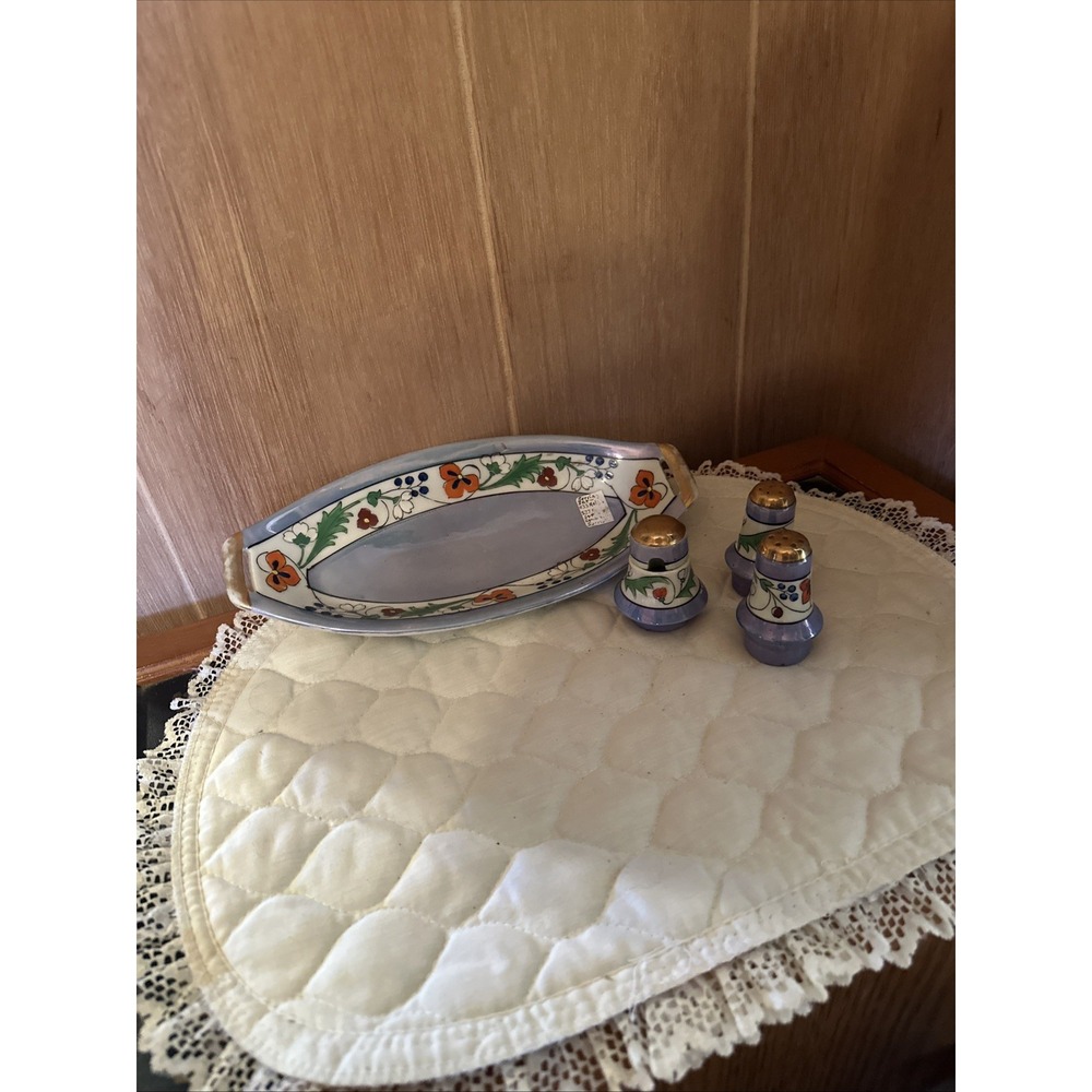 Vintage Hand Painted Japanese Ceramic Celery Tray, Salt And Pepper Shakers